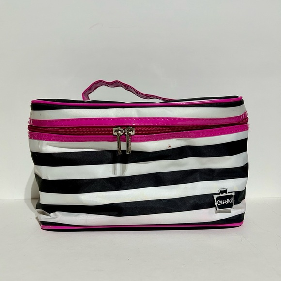 Caboodles Soft Case Makeup Hair Care Travel Case Pink Black Striped Zipper - Picture 1 of 11